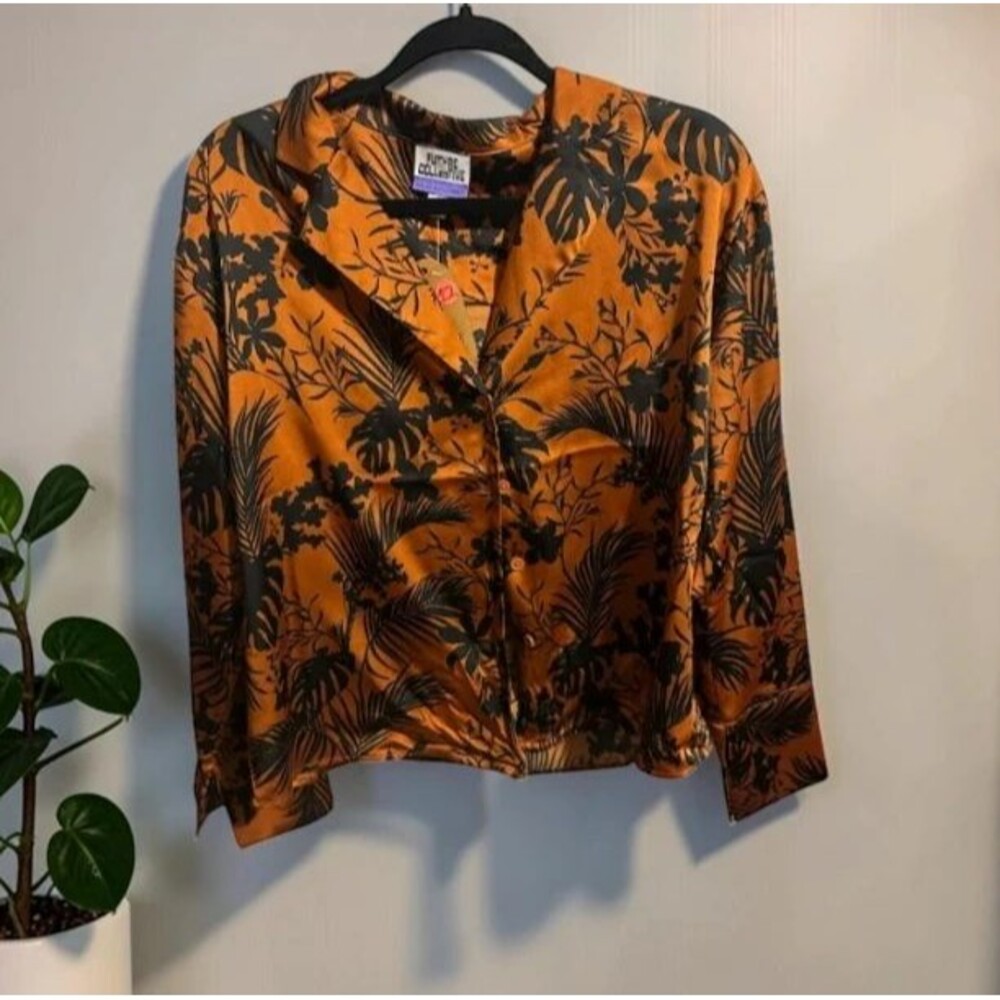 Women's Rust Orange Floral Button Down Blouse